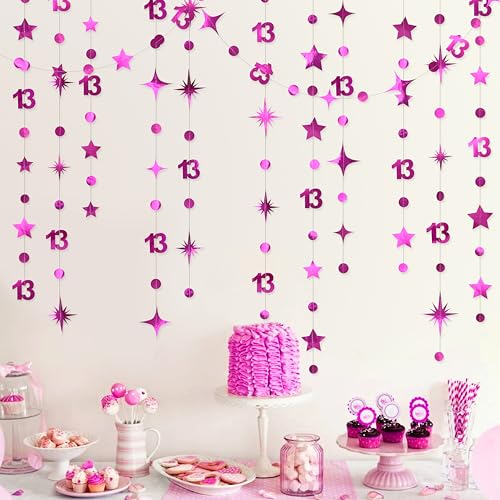 Image of Hot Pink 13th Birthday Decorations Number 13 Circle Dot Twinkle Star Garland Hanging Streamer Banner Backdrop Girls 13 Year Old Birthday Thirteen Official Teenager 13th Anniversary Party Supplies