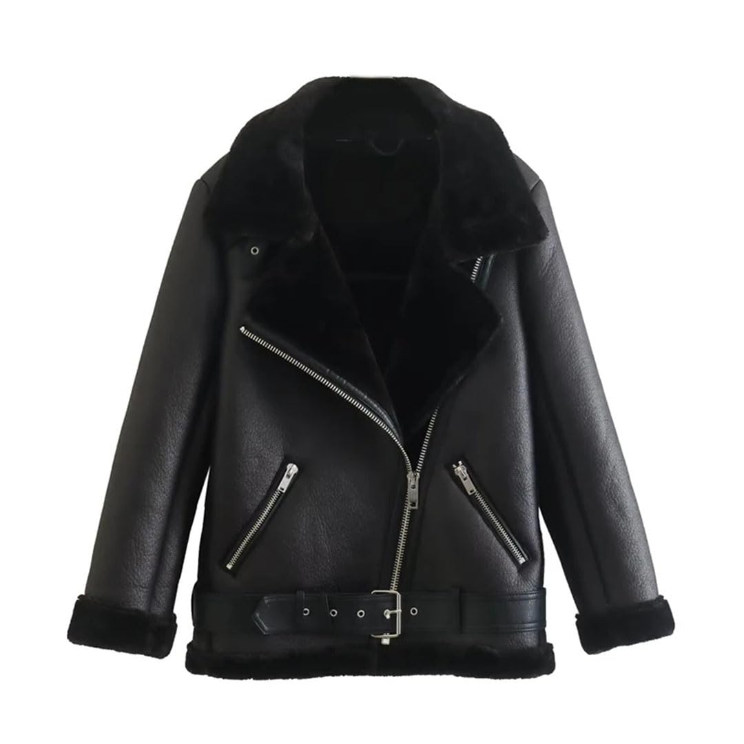 Pegsmio Women's Winter Thick Warm Double Faced Jacket Street Style With Belt Zipper Blazer Top