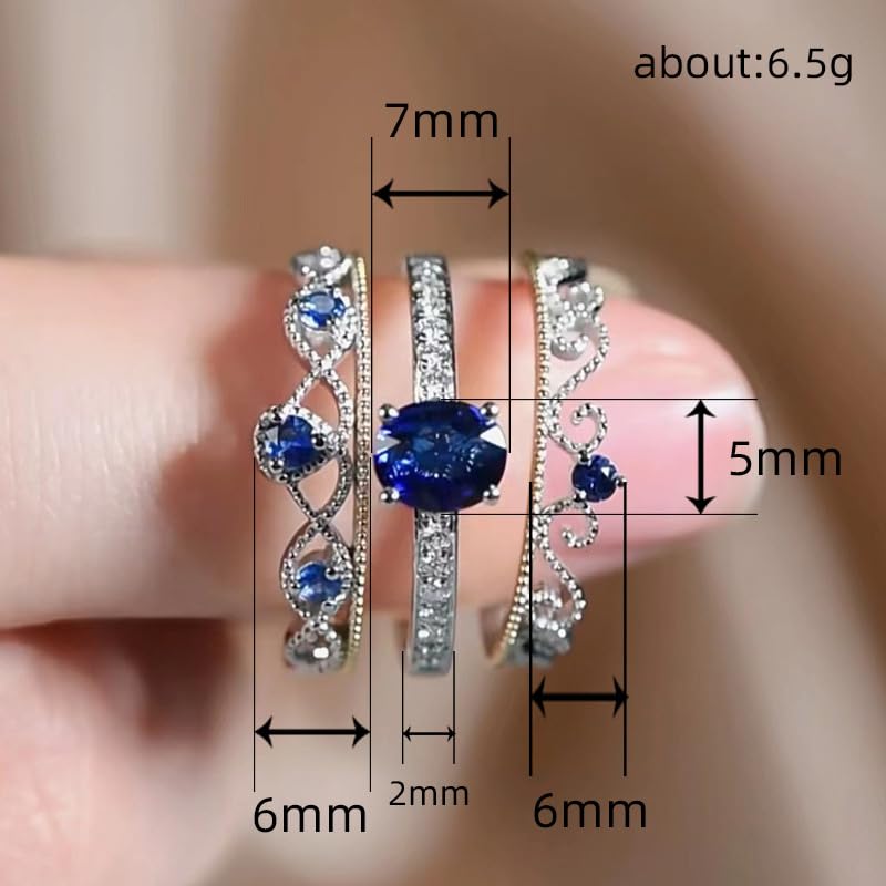 Gixaxak Sapphire Rings Set for Women 3-Piece Crown Wedding Engagement Bridal Set Ring Band Oval Round Simulated Cubic Zirconia 925 Sterling Silver Blue Moissanite Rings Set 74
