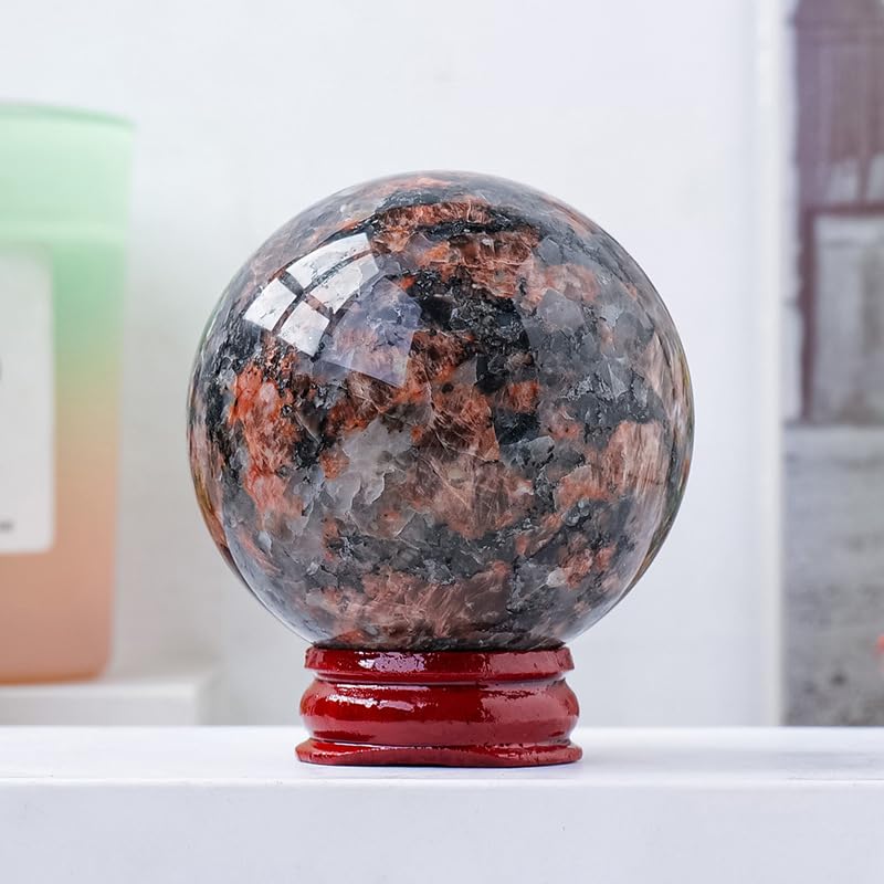 Cuarzo hematoide rojo en esfera pulida de alta calidad con soporte