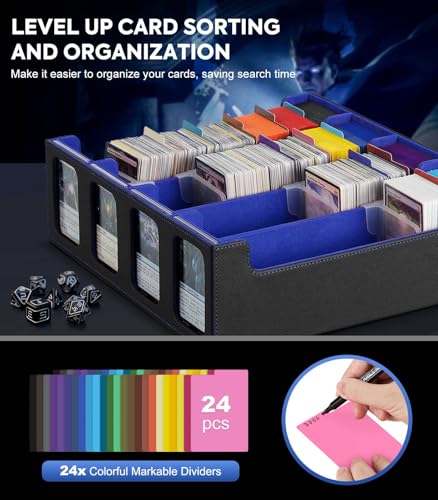 Image of MoKo Card Storage Box for Trading Cards, 3000+ MTG Deck Box with 24 Colorful Dividers & 4 Card Supporters, Commander Card Deck Case with Display Window, Fits for Magic Game Cards, YugiOh, Black Blue