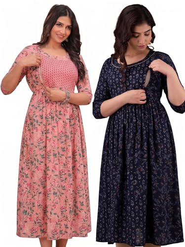 Image of Women's Maternity Kurti for Feeding Zippers | Feeding Kurti with Concealed Zip for Pre & Post Pregnancy |Maternity Dresses for Women (Combo Pack of 2 Kurti)