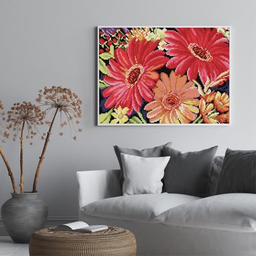 Image of Stamped Cross Stitch Kits Full Range of Embroidery Patterns 11CT 3 Strands DMC Printed Cross-Stitch Kits for Adults Beginner -Showy Gerbera 16.5x13 inch