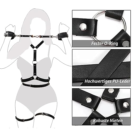 Limmion Damen Harness Leder Sexy Gürtel mit Handschellen Body Geschirre Bondage Sexy Kostüm für Frauen BDSM Fesseln Punk Taillengürtel Extrem Bondage Erotik Reizwäsche für Rave Outfit Clubwear