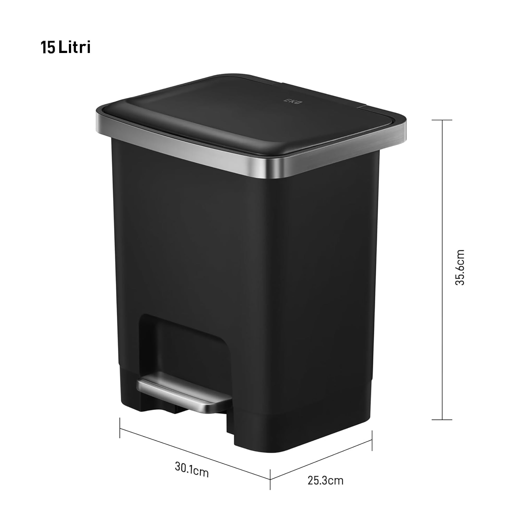 EKO HANA | Pattumiera da bagno e cucina nera da 15 litri con pedale e chiusura ammortizzata | Pattumiera compatta e moderna per bagno o cucina