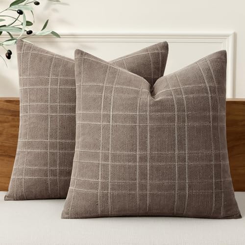 Image of MIULEE Decorative Linen Check Euro Shams Throw Pillow Covers Neutral Farmhouse Vintage Pillow Covers 24x24 Set of 2 Boho Modern Winter Home Decor for Sofa Couch Bedroom Cushion Taupe