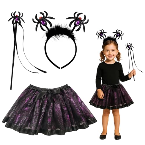 QckZee Spinnen Kostüm Kinder, Halloween Kostüm Mädchen, Spinnen Kinder Tutu Rock mit Spinnen Haarreif und Spinnen Zauberstab, Spinnen Kostüm Mädchen für Halloween Karneval Cosplay