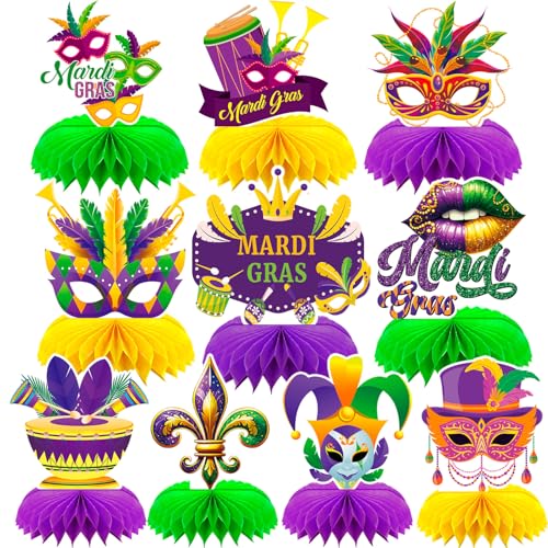 DTOFOOT 10 Pcs Mardi for Gras Party Table Decorations,Mardi for Gras Honeycomb Centerpieces Masquerade Party Decorations Mask Sign Table Toppers for Mardi for Gras Home Decor Supplies