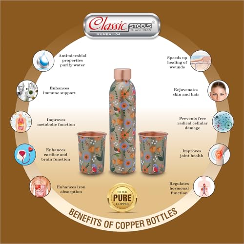 Image of Classic Steels Elegant Ethnic Green Copper Water Bottle Set with 2 Glasses - 1L Capacity | Best Gift For Diwali, Wedding Anniversary And All Other Occasions. (Forest Green Copper Bottle Set)