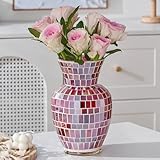 WLGRANJIA Pink Mosaic Glass Flower Vase, 8.7 Inch Handmade Home Decorative Vase for Living Room, Kitchen, Wedding, Pink Vase for Home Decor(Large)