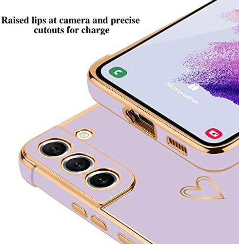 Micoden for Samsung Galaxy S21 FE Phone Case Cute Girls Women Silicone Love Heart Case Fashion Plating Edge Shockproof Protective Case for Samsung S21 FE 5G Purple