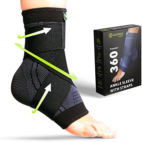 GARNO Ankle Brace Compression Sleeve with Adjustable Straps, Arch Support & Foot Stabilizer, Elastic Wrap for Plantar Fasciitis, Achilles Tendonitis Recovery, Sports Bandage Sock; Men, Women