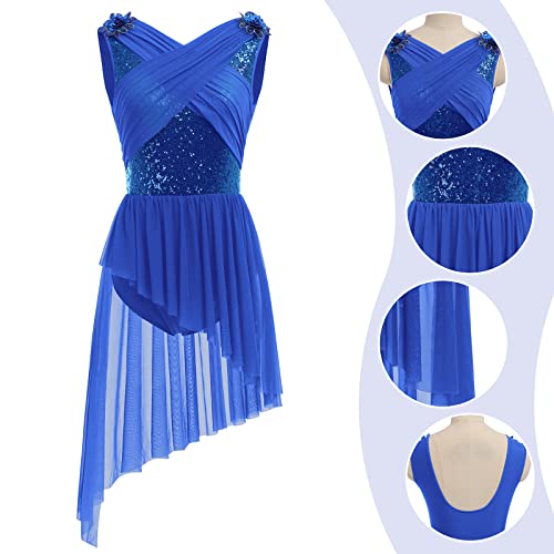 Odasdo Lyrical Dance Costumes For Women Ballet Leotards Asymmetrical Tulle Skirt One-Piece Bodysuit Criss Cross V-Neck Shiny Sequin U Back Sleeveless Modern Contemporary Dancewear Royal Blue Sequin S #TOP3