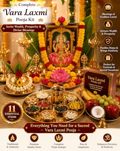 JaiRaj Collections Complete Vara Laxmi Pooja Kit, 11 Items with 5 Pieces Each, Kubera Kuncham Glass 8.89 cm, Laxmi Kubera Coin, Javadu Attar, for Festival and Vratham thumbnail 10