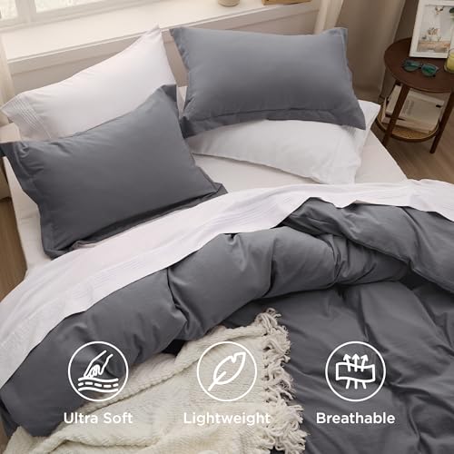 Image of Bedsure Charcoal Grey Duvet Covers Queen Size - Washed Duvet Cover, Soft Queen Duvet Cover Set 3 Pieces with Zipper Closure, 1 Duvet Cover 90x90 inches and 2 Pillow Shams