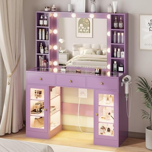 Image of HUANLEGO Purple Vanity Desk with Mirror and Lights, Glass Top Vanity with Lighted Mirror & RGB Glass Cabinet and 3 Drawers, Makeup Desk with Lights Dressing Table for Bedroom, 3 Color Modes