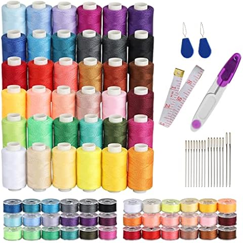 Blibly 72Pcs Bobbins Sewing Thread Kits, 500 Yards Per Polyester Thread Spools with Needle, Threader, Scissors and Ruler, Prewound Bobbin with Case for Hand and Sewing Machine,36 Colors Cover