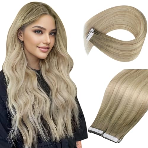 Image of Ve Sunny Hair Tape in Extensions Ash Blonde Mix Platinum Blonde 22Inch Long | Remy Human Hair Extensions Tape ins,50g 20Pcs,Easy to be Style,for Wedding or Party