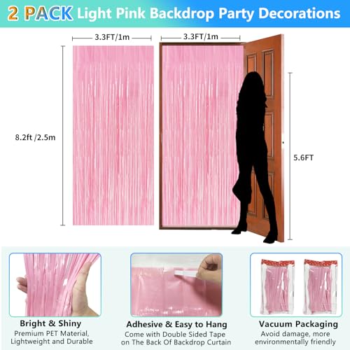 Image of Pastel Pink Birthday Party Backdrop Decorations Foil Fringe Curtain 3.3x8.2ft 2 Pack, Pink Streamers Background Party Decorations Wall Door Hanging for Baby Valentines Barbie Princess Bachelorette