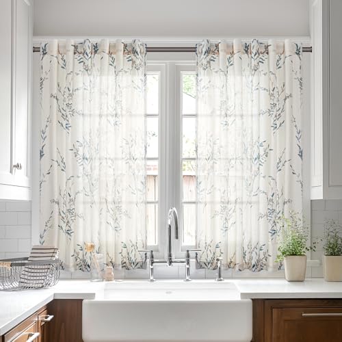 Image of MYSKY HOME Flax Linen Sheer Curtains 45 Inch Length 2 Panels Navy Blue