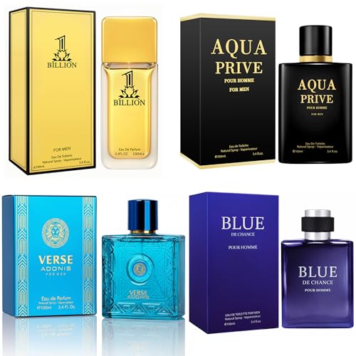 Mens Cologne Set, EDP, 4 Pack (3.4 oz / 100 mL), AQUA, VerBlue, BLUE DE CHANCE, 1 BILLION FOR MEN, Azura Night &amp; Fresh, for commute, summer days and travel