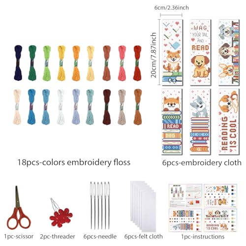 Image of FREEBLOSS 6 Set 11CT Cross Stitch Bookmarks Kit Puppy&Books Stamped Cross Stitch Kit DIY Embroidery Bookmark Set with Instruction for Adults Beginners Gift for Reading Enthusiasts 20x6cm /8x2.4inch