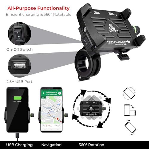 Image of Autofy NEO Aluminium Bike Mobile Holder with USB Charger, Waterproof Phone Mount Cradle for All Bikes & Scooters, Universal Fit, 1-Year Warranty (Black)