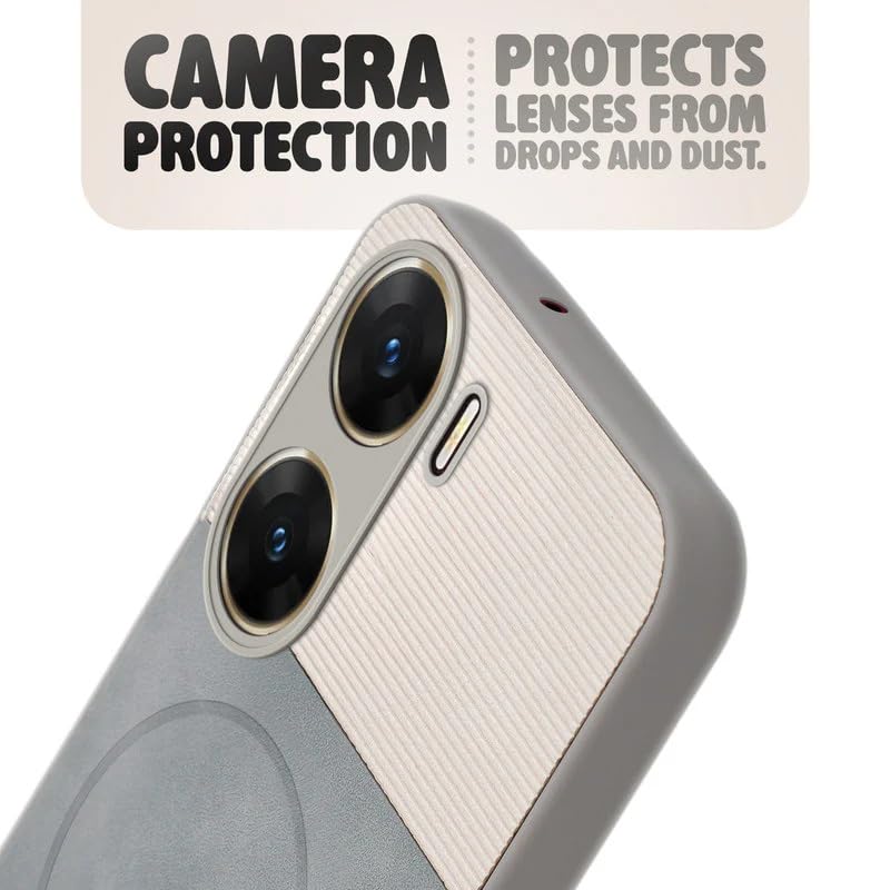 Image of Bintage case Dual-Leather Macc-Safe Design Phone Case| Soft Touch Finish | Full Camera Protectection Back Cover Compatible for Vivo V2303 / Vivo V29e 5G - White & Matelic Grey