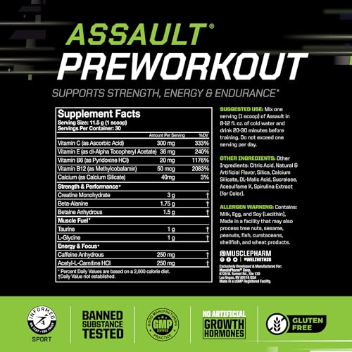 Image of Muscle Pharm Assault Pre Workout Powder for Men & Women - Packed with Beta Alanine, Caffeine, Creatine & Betaine Anhydrous - Endurance & Strength Booster- 30 Servings, Blue Raspberry Flavor