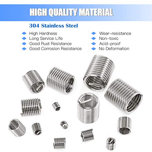 glarks 200pcs wire inserts screws sleeve assortment kit 304 stainless steel metric m3 m4 m5 m6 m8 m10 m12 wire thread inserts helical type coiled wire screw repair sleeve for automotive repairs