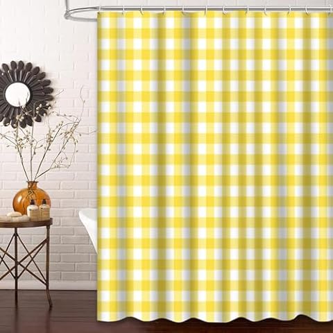 GALMAXS7 Gingham Shower Curtain,Pastel Yellow White Retro Light Shower Curtains for Bathroom with 12 Hooks,72 x 72 Inch Cover