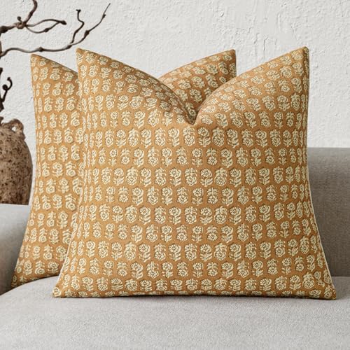 Image of Foindtower Set of 2 Decorative Neutral Floral Print Throw Pillow Covers Vintage Accent Farmhouse Cushion Cover Boho Home Decor For Sofa Couch Chair Bedroom Living Room Outdoor,20x20 Inch,Golden Orange