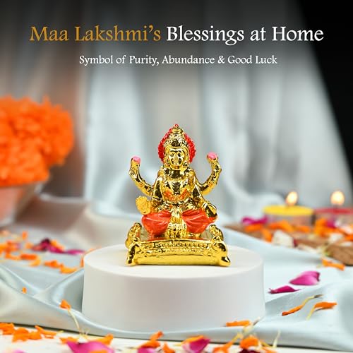 Image of HindCraft Maa Lakshmi Idol for Home & Office - Laxmi MATA Murti Statue for Pooja Room, Car Dashboard, Temple, Decoration & Housewarming Gift - Golden Finish Decorative Showpiece