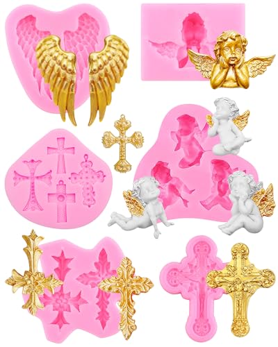 6-Piece Silicone Mold Set for Baptism Cake Decorations Cross & Angel Wing Shapes for Fondant Chocolate Candy and Soap Making