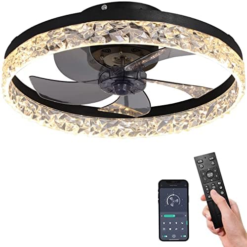 AHWEKR Ceiling Fan with Lights Dimmable LED Reversible Blades Timing with Remote Control, 5 Invisible Bladesflush mount ceiling fan (18in, Black)