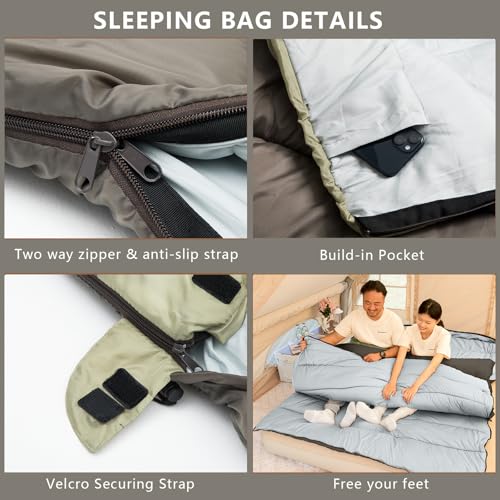 Image of BISINNA Double Sleepinag Bag for Adults Two Person Queen Size Camping Sleeping Bag for All Season Backpacking Hiking Cold Weather with Compression Sack