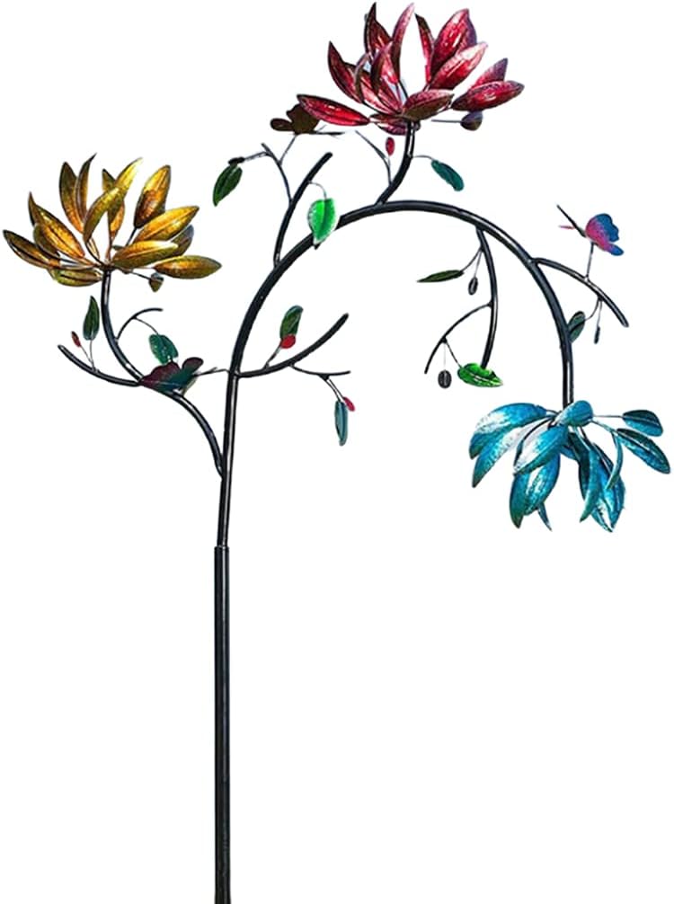 Large Metal Wind Spinner with Three Spinning Flowers Butterflies Windmill Decor Outdoor Yard Garden Art Decoration