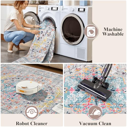 Pauwer Boho Washable Area Rug 4x6 Soft Living Room Bedroom Floor Carpet Mat Indoor Farmhouse Vintage Non Slip Accent Throw Rugs for Entryway Kitchen Dorm Dining Room