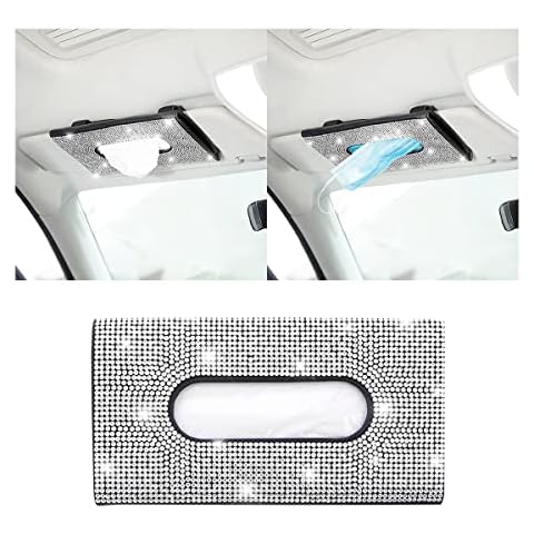 BLAU GRUN Bling Car Sun Visor Tissue Box Holder, Rhinestone PU Leather Crystal Sparkling Napkin Holder, Backseat Paper Towel Cover Case Car Accessories for Women (White) Cover