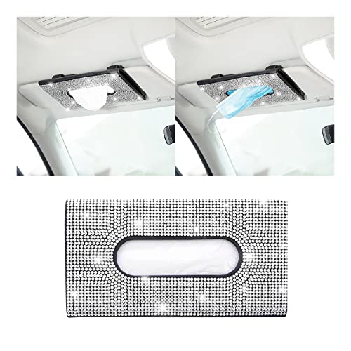 BLAU GRUN Bling Car Sun Visor Tissue Box Holder, Rhinestone PU Leather Crystal Sparkling Napkin Holder, Backseat Paper Towel Cover Case Car Accessories for Women (White)