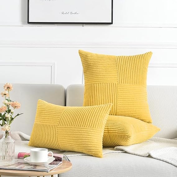 Image of Guffaw Corduroy Pillow Covers Boho Decorative Spliced Throw Pillow Covers Soft Solid Couch Pillowcases Cross Patchwork Cushion Covers for Living Room Bed Sofa 16x16 inch (1, Mustard Yellow)