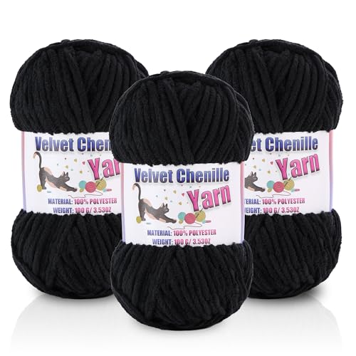 Image of 3 * 100g /3.5oz Fluffy Chenille Yarn for Crocheting, Chunky Velvet Yarn for Crochet Amigurumi, Used for Making Baby Yarns Blanket, Clothes, Pattern Knitting Creations (Black)