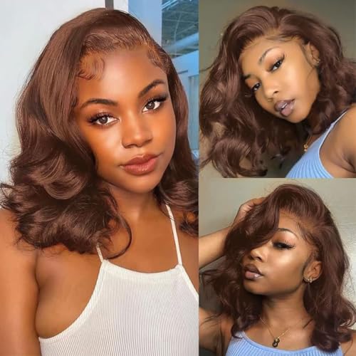 Chocolate Brown Lace Front Wig 200 Density 13x6 HD Body Wave Lace Front Wigs Human Hair Pre Plucked Colored Frontal Glueless Brown Human Hair Wig for Women 12Inch