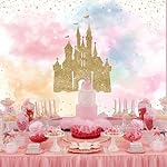 Mocsicka Princess Castle Birthday Backdrop Watercolor Pastel Rainbow Birthday Background Gold Glitter Royal Party Cake Table Decoration Photo Booth Props (7x5ft) - Image 2
