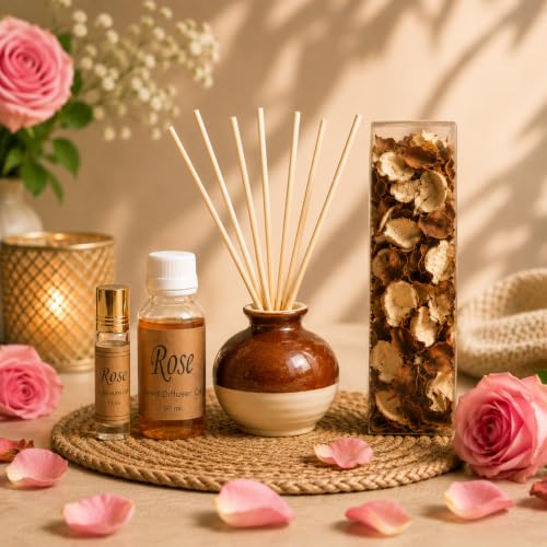 Image of AuraDecor Reed Diffuser Gift Set with Potpourri, Fragrance Oil & 6 Reed Sticks | Air Freshener for Living Room, Bedroom & Office | Decorative Aroma Diffuser Gift Set (Rose, X-Large)