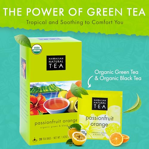Image of Hawaiian Natural Tea Passion Fruit Orange Flavored Organic Tea - Tropical Fruit Green Tea Blend with Black Tea - Perfect Daily Cup & Gift for Tea Lovers - 60 Tea Bags