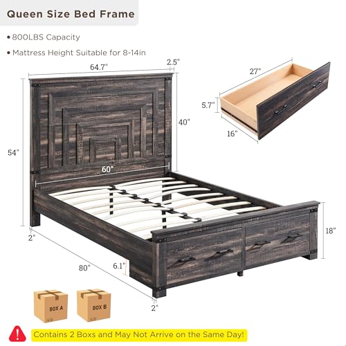 RedLemon-Farmhouse-Queen-Size-Bed-Frame-w-54-Tall-Geometric-Headboard-Rustic-Wood-Platform-Bed-w-2-Large-Storage-Drawers-Wood-Slats-Support-Noise-Free-No-Box-Spring-Needed-Dark-Rustic-Oak RedLemon Farmhouse Queen Size Bed Frame w 54 Tall Geometric Headboard Rustic Wood Platform Bed w 2 Large Storage Drawers Wood Slats Support Noise Free No Box Spring Needed Dark Rustic Oak