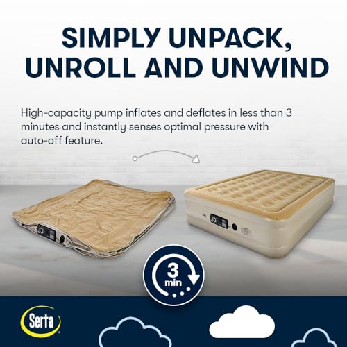 Serta Raised Air Mattress with Never Flat Pump | Luxury Inflatable Mattress with Built in Air Pump to Ensure a Good Night’s Rest | Heavy Duty Blow Up Mattress with Self Inflating Pump