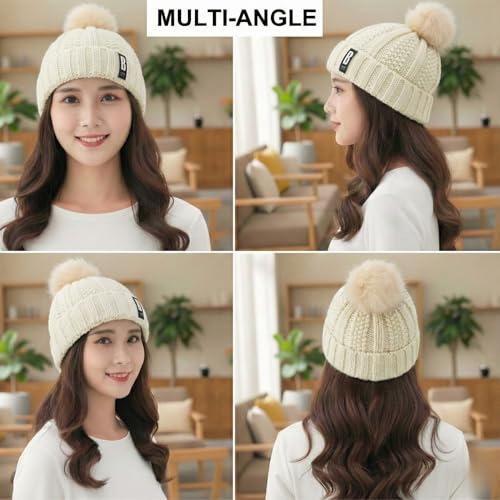 Image of Kraptick Women's Winter Cap - Knit Beanie with Soft Fleece Lining Hat, Stylish Pom Pom Thick Woollen Skull Cap, Warm Hat for Ladies & Girls -3