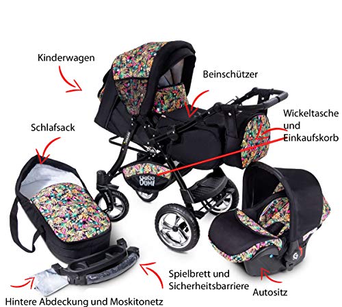 GaGaDumi Urbano 3 in 1 Kombikinderwagen Kinderwagen mit Autositz Komplettset incl Babyschale Buggy Wickeltasche Regenschutz Moskitonetz Voll-Gummireifen Grau/Eulenmuster